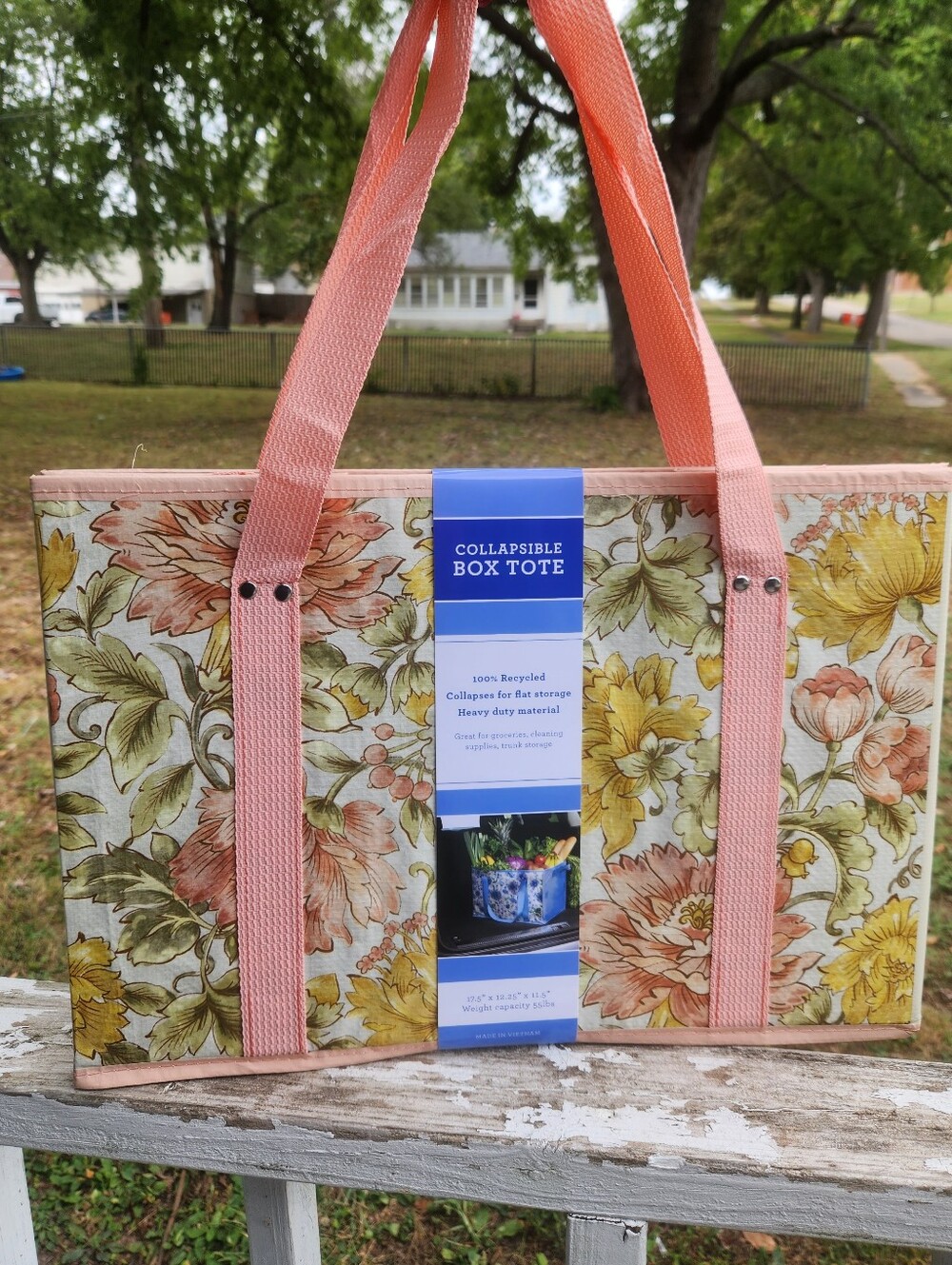 Collapsible Floral Box Tote with Pink Straps NWT